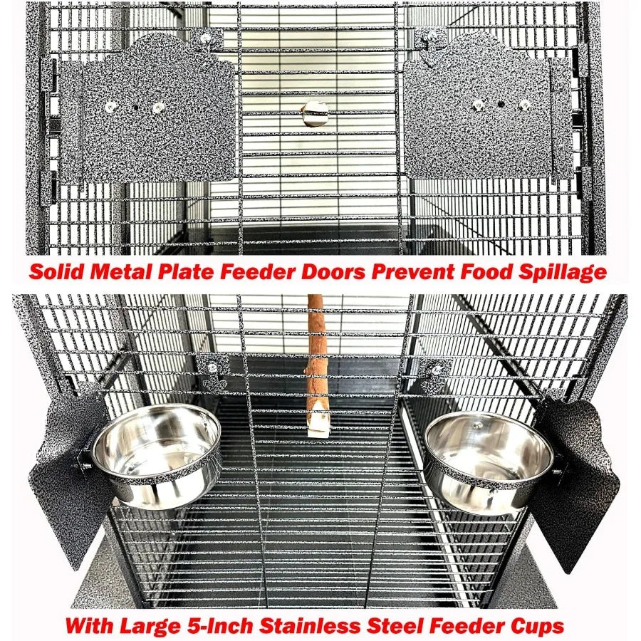 XLarge Elegant and Durable Wrought Iron Play Ground Perch Stand Top Climbing Ladder Bird Parrot Rolling Metal Cage with Around