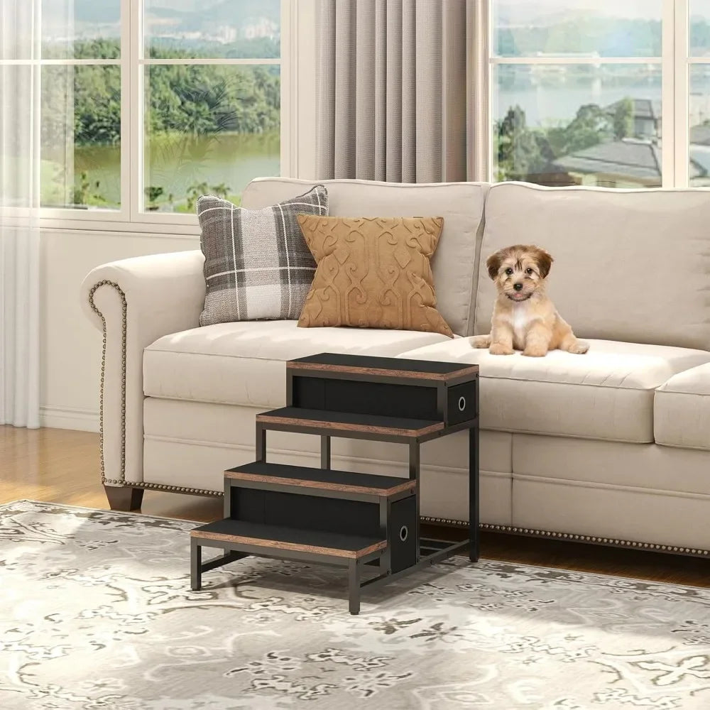 Pet Bunk Bed with Stairs & Storage, Multi-Level Elevated Dog & Cat Bed with Window Perch & Bedside Lounge