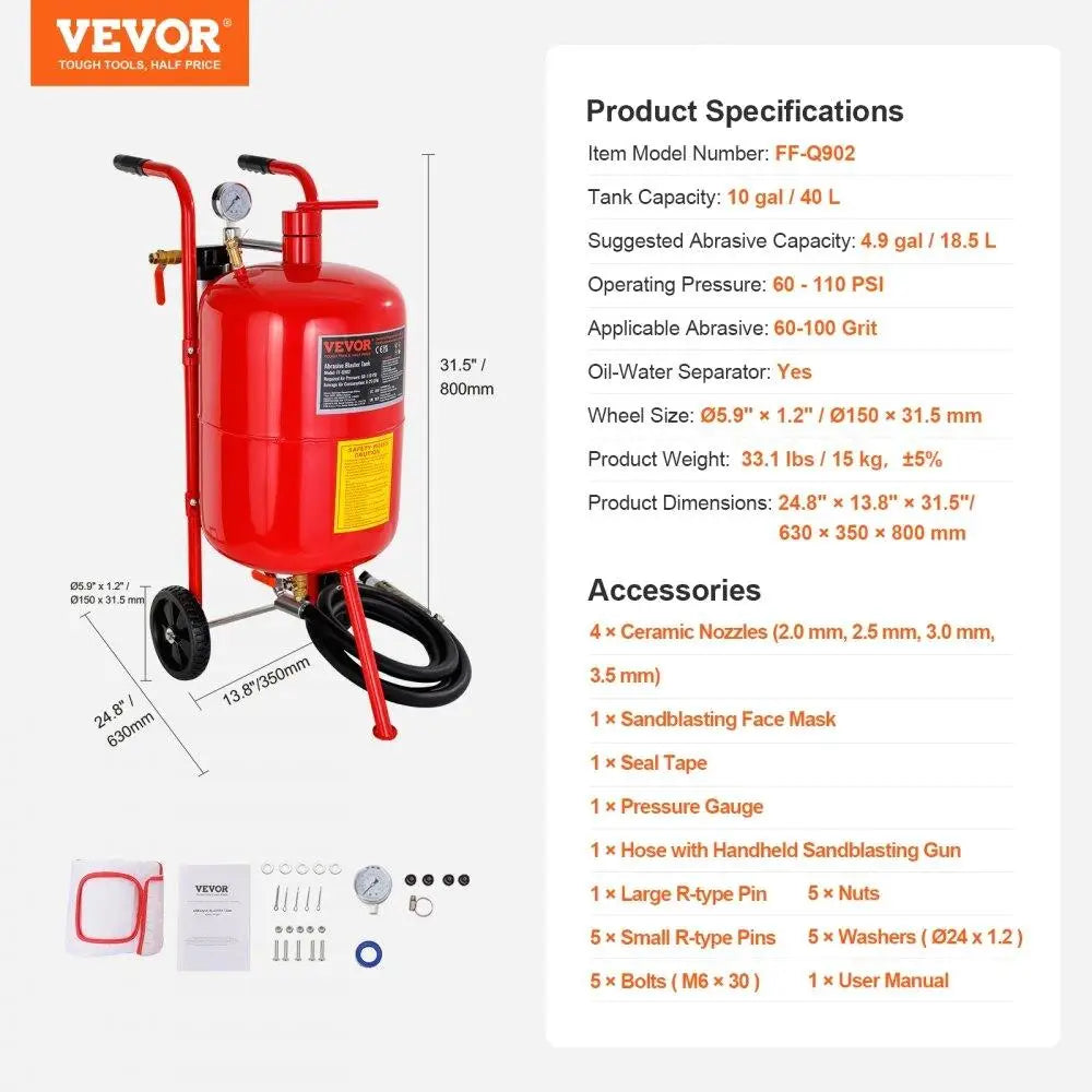 10Gal/40L Portable Sandblaster with Nozzle, Pressure Gauge, Ceramic Nozzle & Rubber Wheels - Grit Blasting Tool