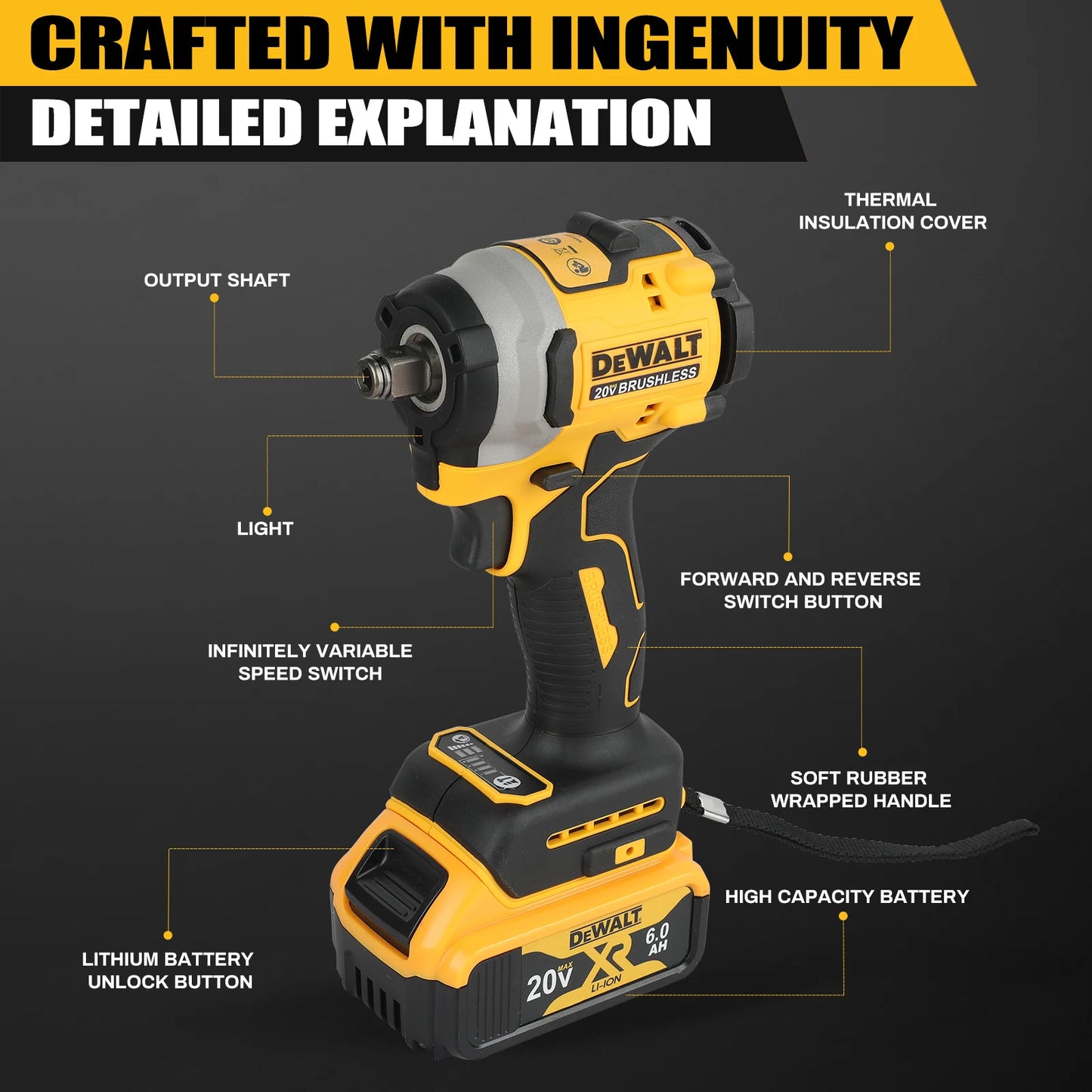 “DeWalt DCF850 - 20V Lithium - Ion Cordless Impact Wrench - High Torque, Rechargeable Power Tool for  Pros & DIYers
