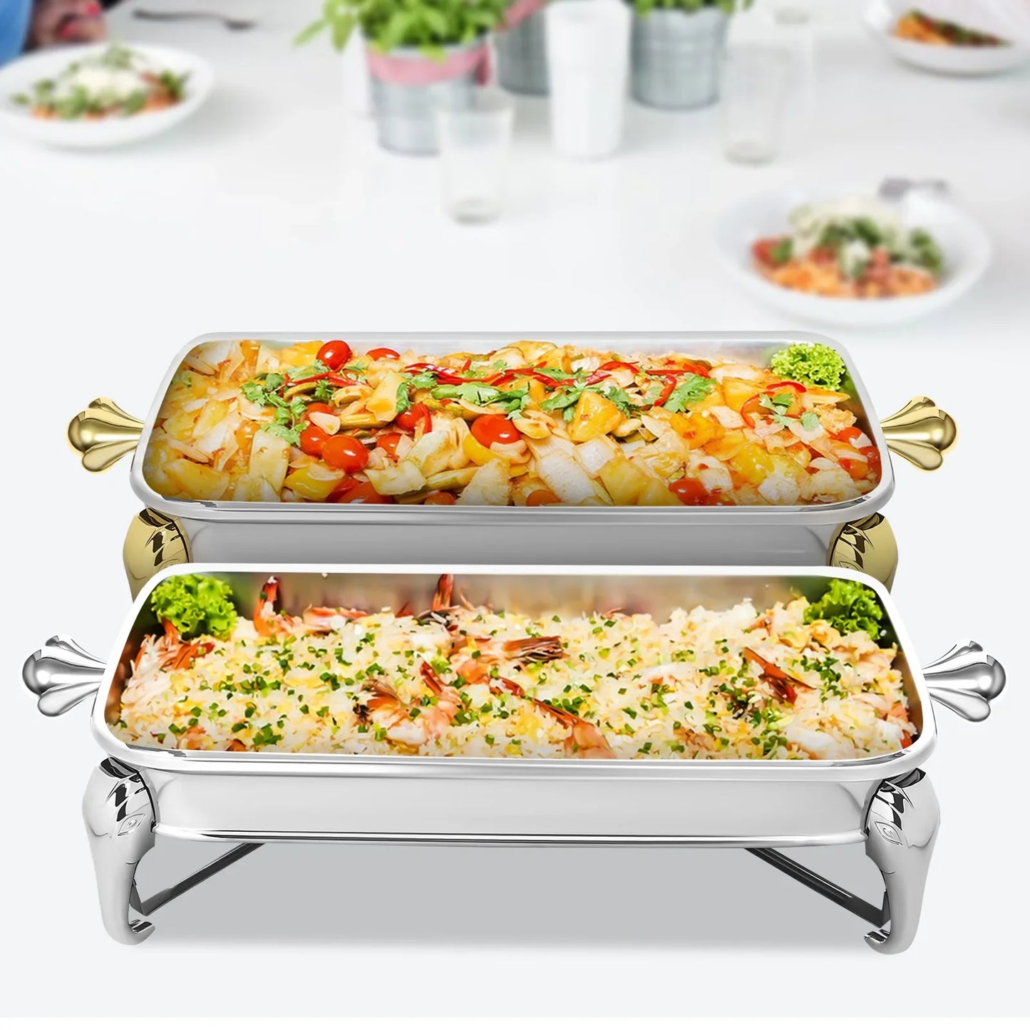 Chafing Dish Buffet Set Server Stainless Steel Chafing Dishes Oven Safe Glass Rectangle Food Warmer for Parties 2.9L Gold and Si