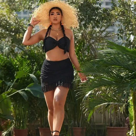 New Plus Size Split Swimsuit Women's Bikini Three Piece Set Mesh Hood Skirt Solid Color Beach Swimsuit Women Casual Y2k