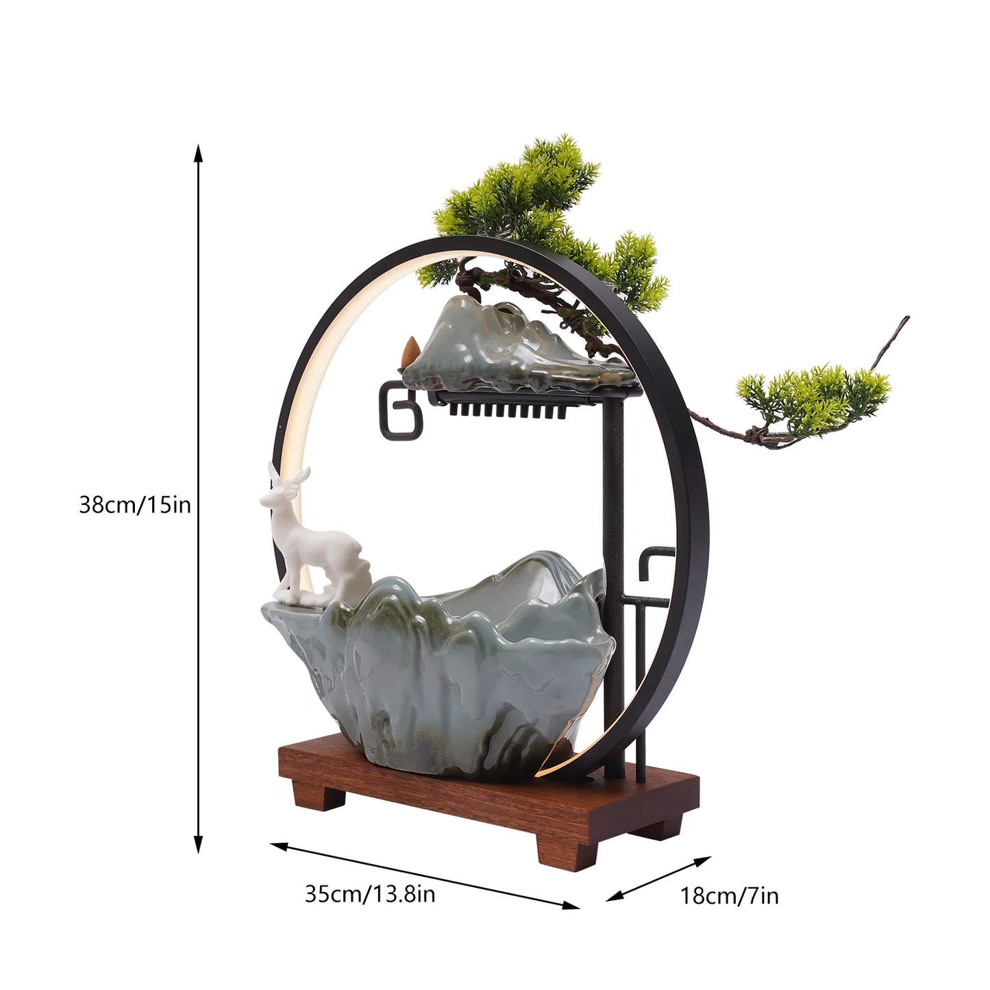 Indoor Ceramic Tabletop Fountain with LED Lights, Mist, Deer & Plants, Waterfall Design for Home, Spa & Yoga Relaxation