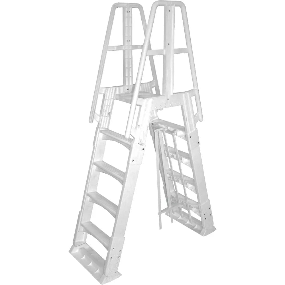 Vinyl Works SLA A-Frame 48-56 Inch Adjustable Above Ground Swimming Pool Ladder Entry System with Slide Lock Barrier and Handrai