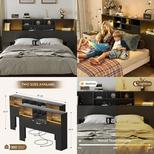 King Size Black Storage Headboard with USB Ports and LED Lights, Wooden Headboard for Bedroom
