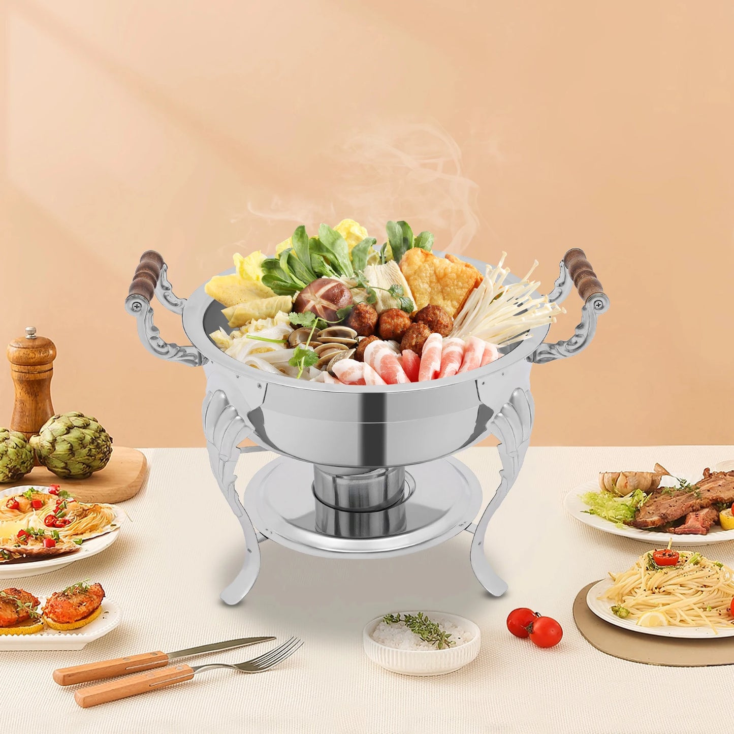 Round Chafing Dish Stainless Steel Chafing Dish Buffet Chafer Catering Chafers and Buffet Warmers with Fuel Holder