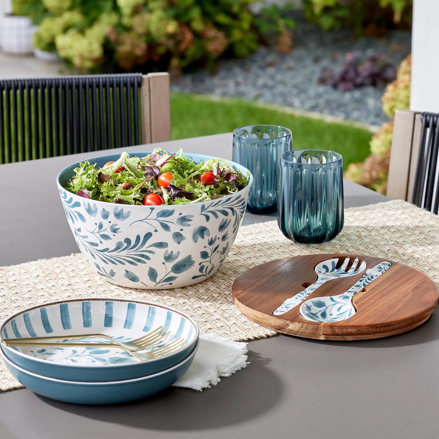 Better Homes & Gardens 4-Piece Bamboo Melamine Salad Serving Bowl and Utensil Set with Acacia Wood Lid, Blue