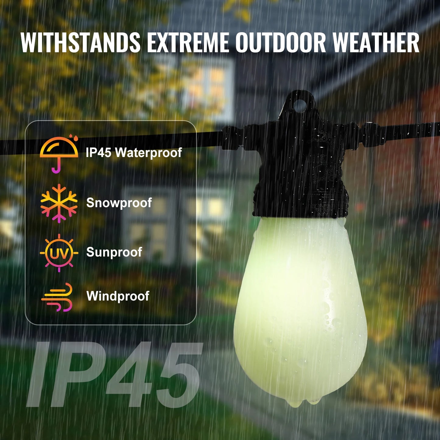 SucceBuy RGB Outdoor String Lights with APP Control 15 Single-Color Adjustable Brightness Time Setting Waterproof Hanging Lights