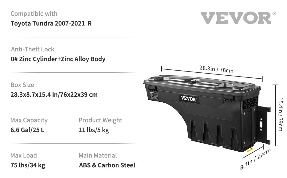 VEVOR Truck Bed Storage Box Passenger Side Lockable Lid Waterproof ABS Wheel Well with Password Padlock Tool Box for Oil Trucks