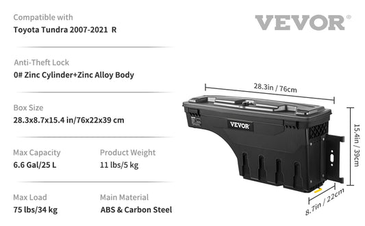 VEVOR Truck Bed Storage Box Passenger Side Lockable Lid Waterproof ABS Wheel Well with Password Padlock Tool Box for Oil Trucks