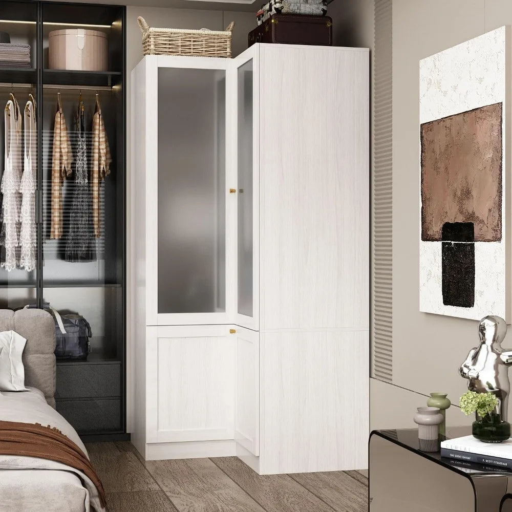 Corner Wardrobe Closet with 2 Glass Doors, Armoire Wardrobe Closet with Hanging Rod, for Bedroom Wood Grain (16.3+19.1”W x 19.1