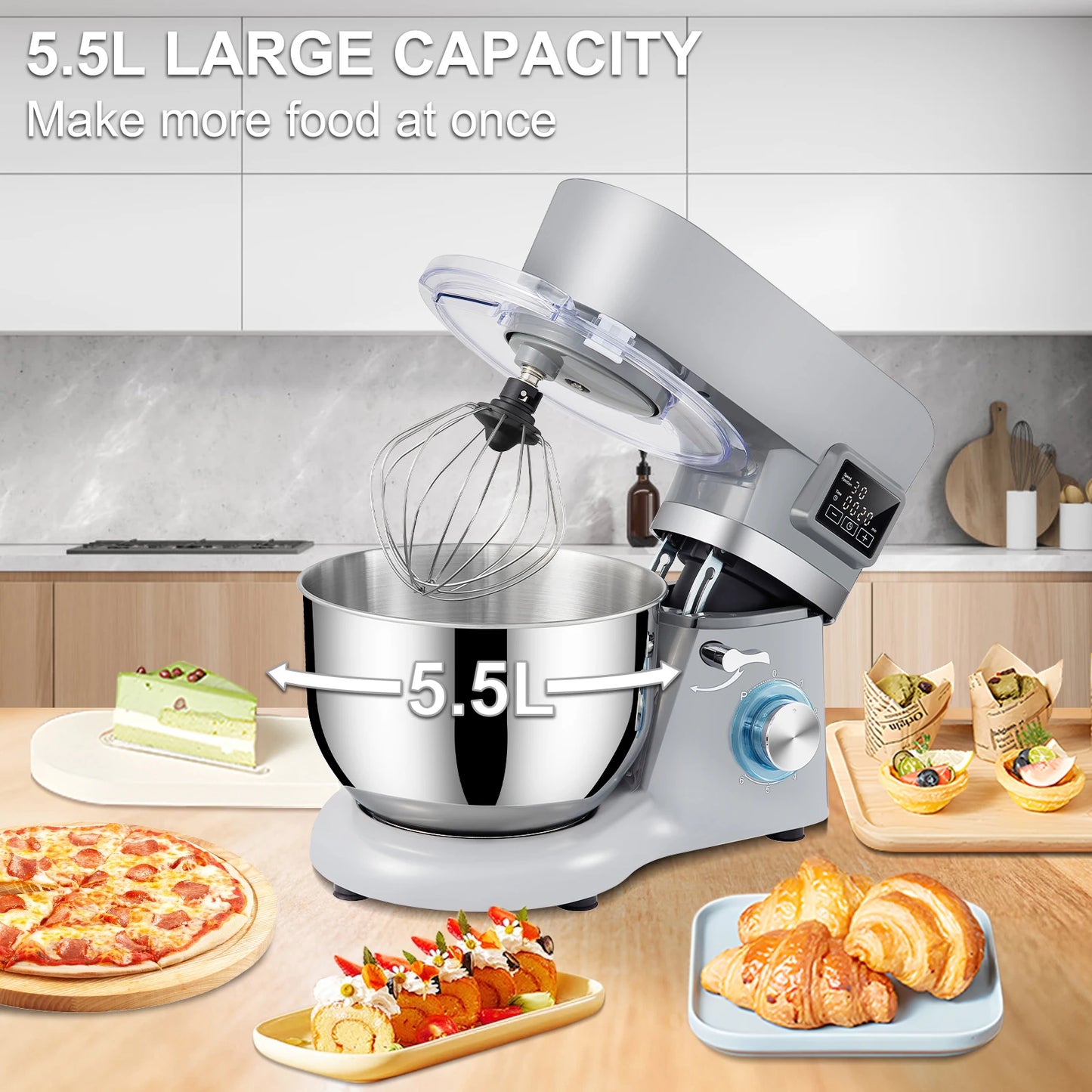 SucceBuy 5.5/7LElectric Stand Mixer with 6Speeds LCD Screen Timing Food Mixer Cream Egg Whisk Whip Dough Kneader With Steel Bowl