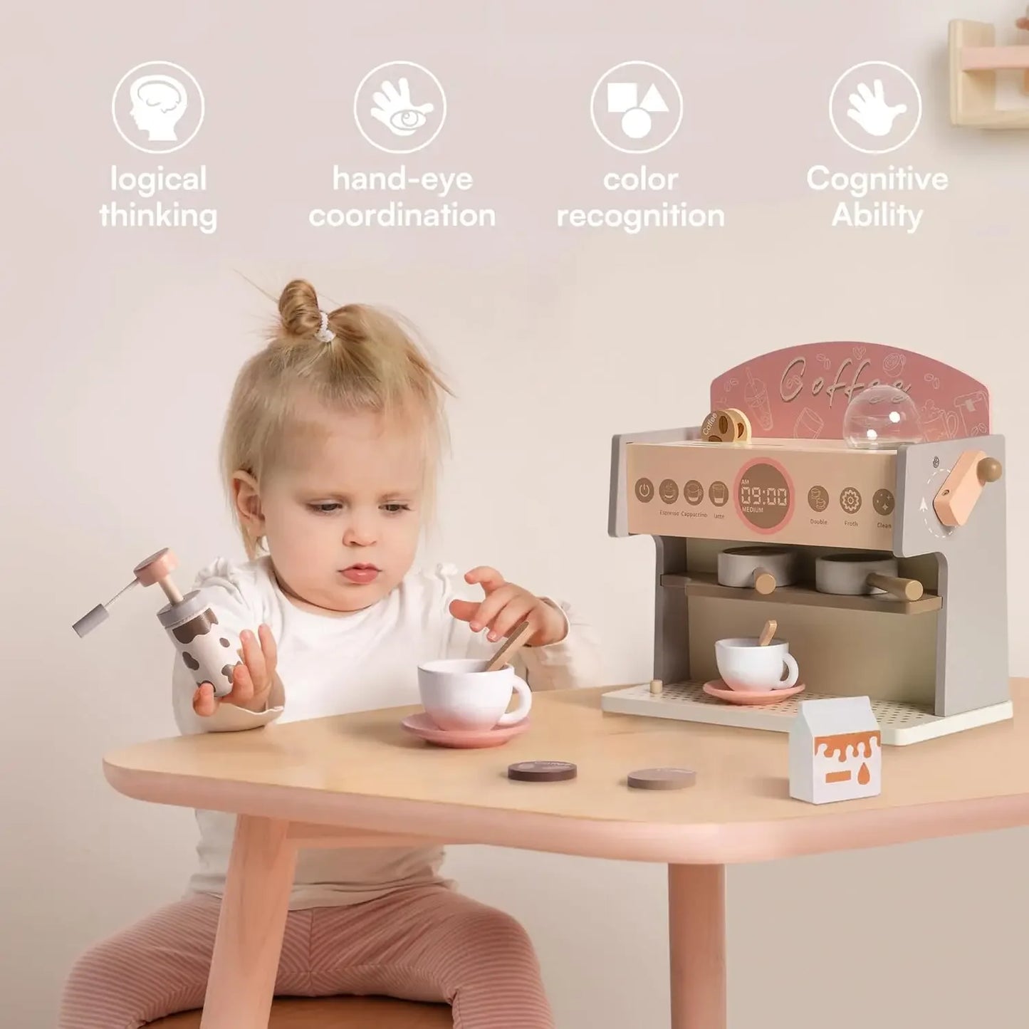 Robud Kids Coffee Maker with Grinder Wooden Toy Coffee Maker Espresso Machine Playset Play Kitchen Kitchen Sets for Girls Boys