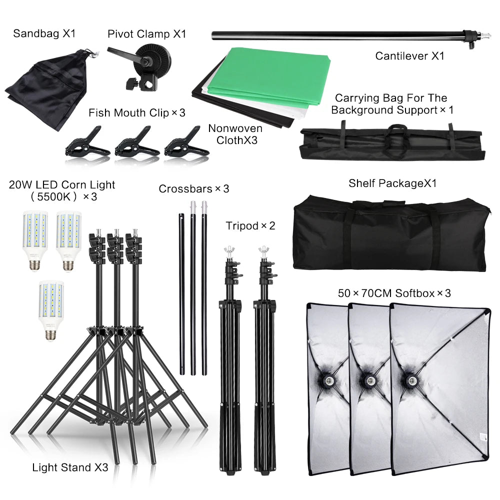 Photography Background Frame Support Softbox Lighting Kit with 3 Backdrops and Tripod Stand