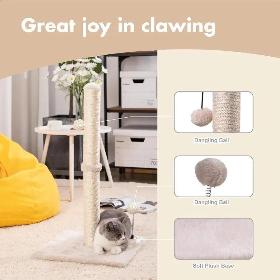 34 Tall Cat Scratching Post Premium Basics Kitten Scratcher Sisal Scratch Posts Trees with Hanging Ball for Indoor Cats Beige