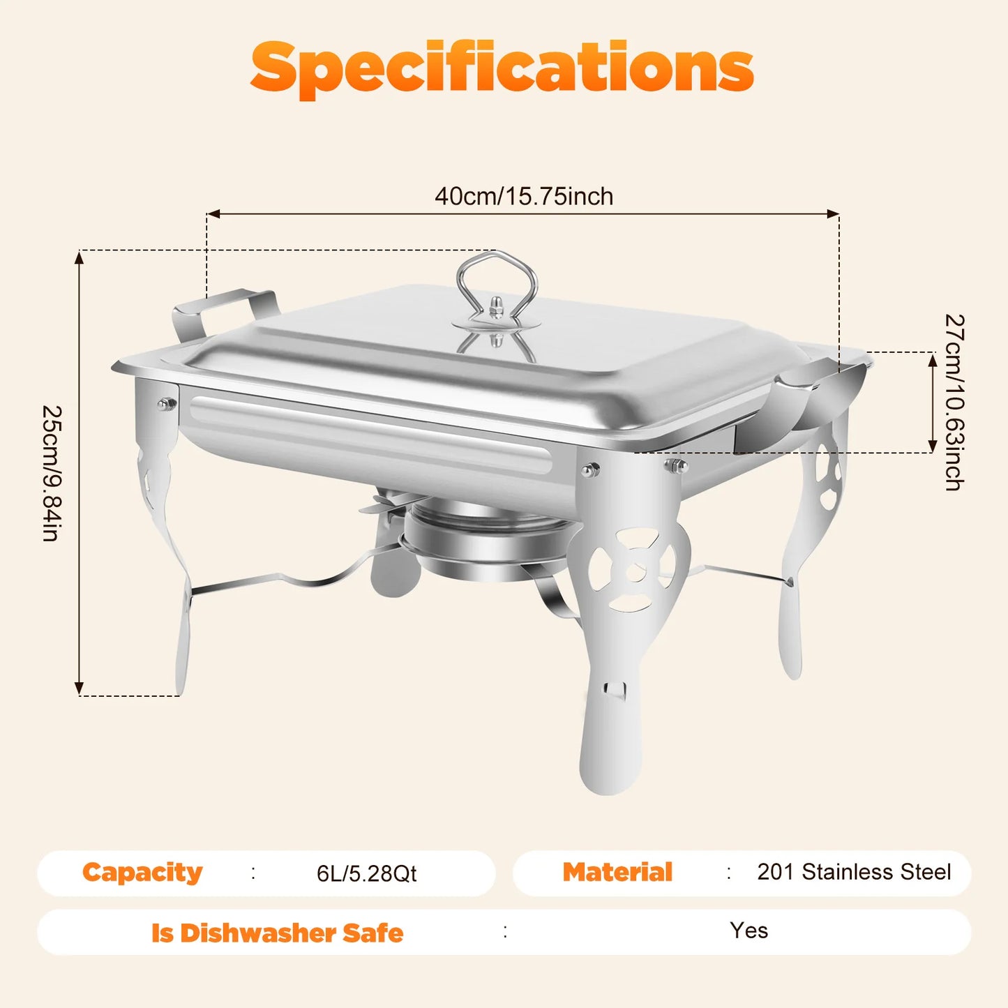 Stainless Steel 6L Chafing Dish, Buffet Warmer for Catering and Parties
