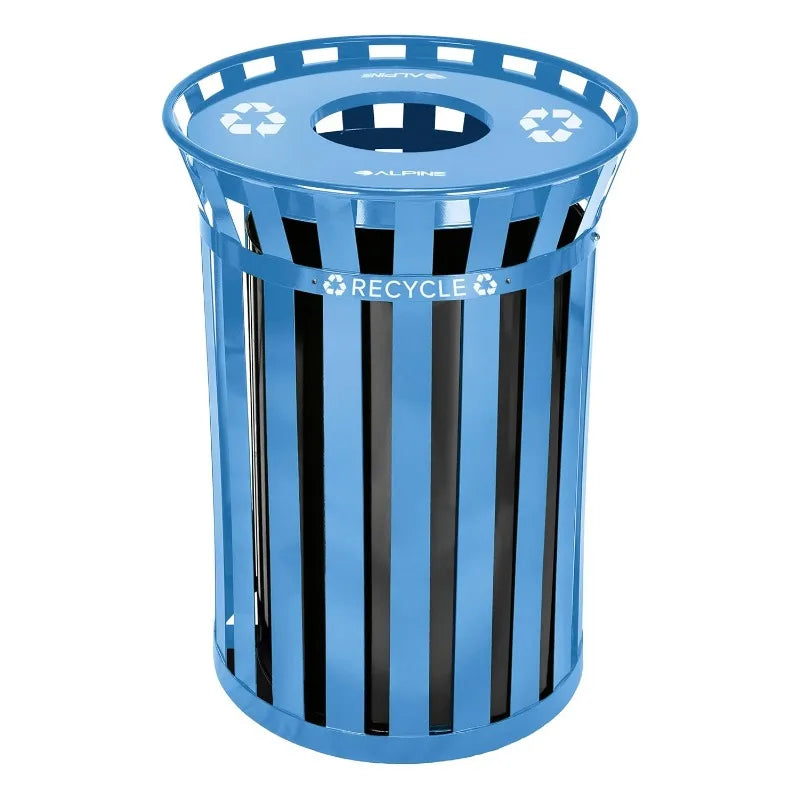 Commercial Outdoor Trash Can - 38 Gallon Heavy Duty Blue Recycle Garbage Can with Liner, Open Top Lid, All Weather Resist