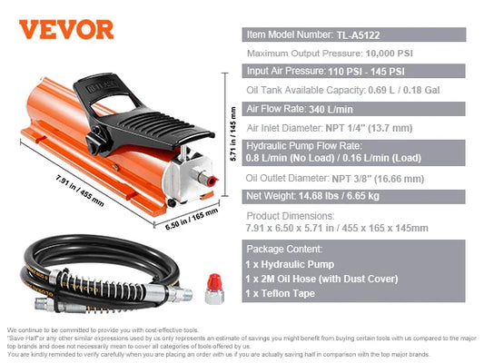 SucceBuy 10,000PSI Air Hydraulic Pump 0.18 Gal Reservoir Metal Shell Air Actuated Treadle Foot Pump for Precision Industrial Use