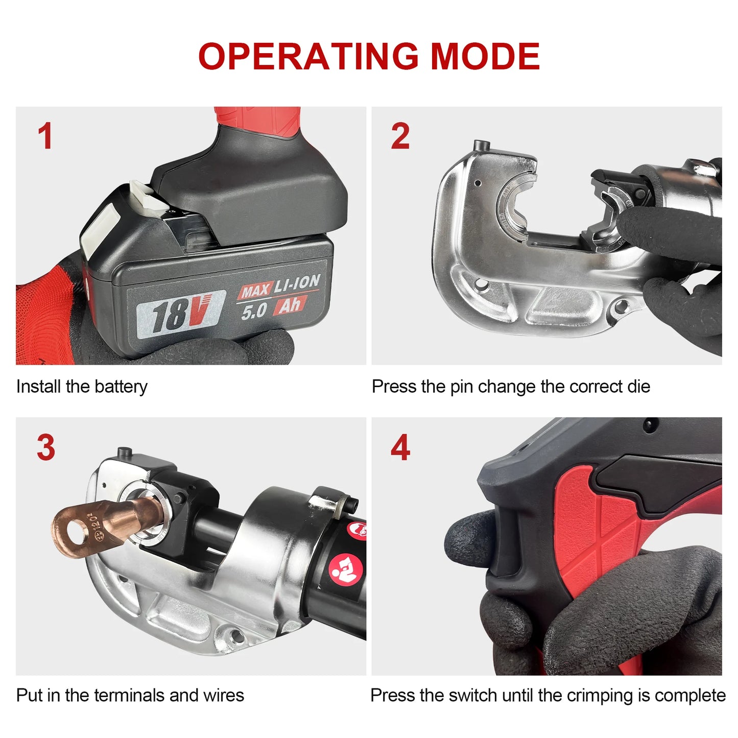 Electric Wire Cable Crimper 12TON Battery Powered Hydraulic Crimping Tool Range 6AWG to 800MCM with 12 Dies, Electricians for Ci