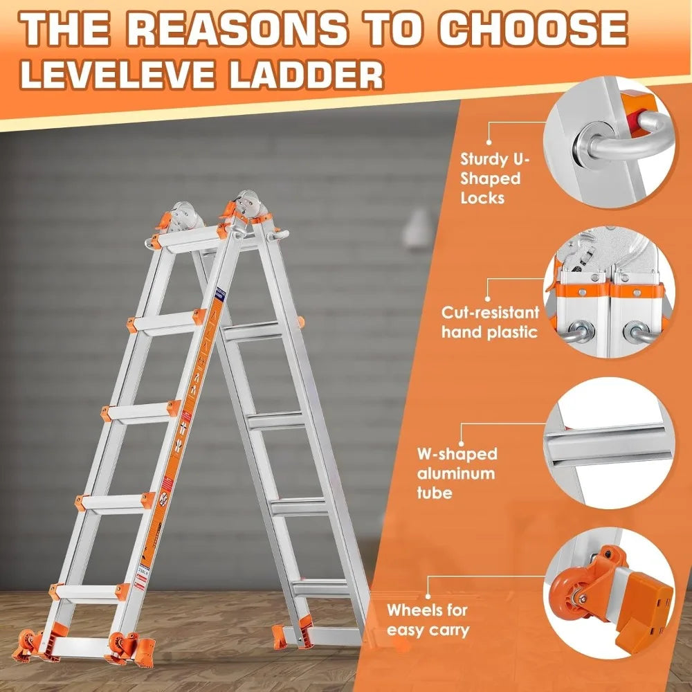 Telescoping A Frame Ladder, 17FT Multi Position Ladder w/ Stabilizer Bar & Wheels, 330lb Capacity for Stairs & Home
