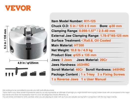 SucceBuy 3-Jaw Lathe Chuck 100/125/160/200/250 mm Self-Centering Lathe Chuck Multiple Clamping Range for Lathe Printer Machining