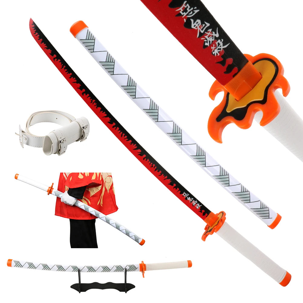 104cm Demon Slayer Katana Sword Kimetsu no Yaiba Wooden Cosplay Anime Weapon Sword Toy Katanas with Display Stand and Belt