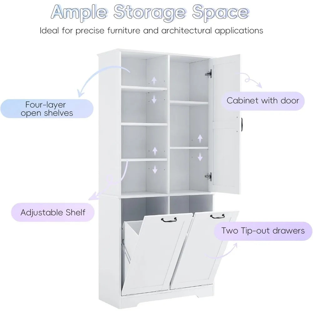 Tall Bathroom Storage Cabinet with Laundry Hamper Freestanding Storage Cabinet with Open Shelves and Adjustable Shelf White Modern Style