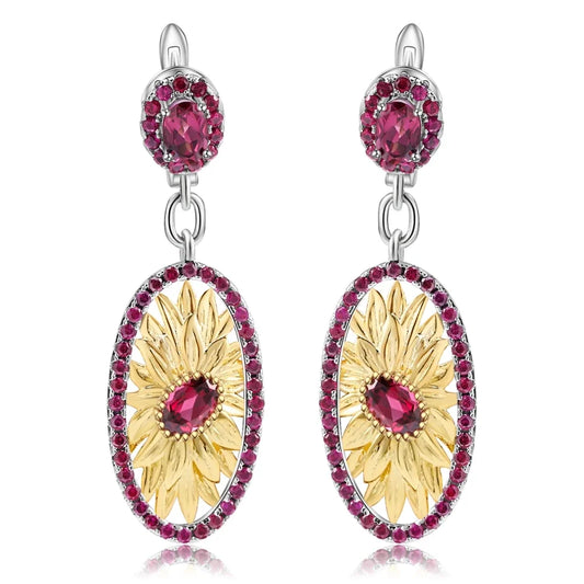 GEM'S BALLET 925 Sterling Silver Original Handmade Earrings 2.40Ct Natural Rhodolite Garnet Sunflower Drop Earrings for Women