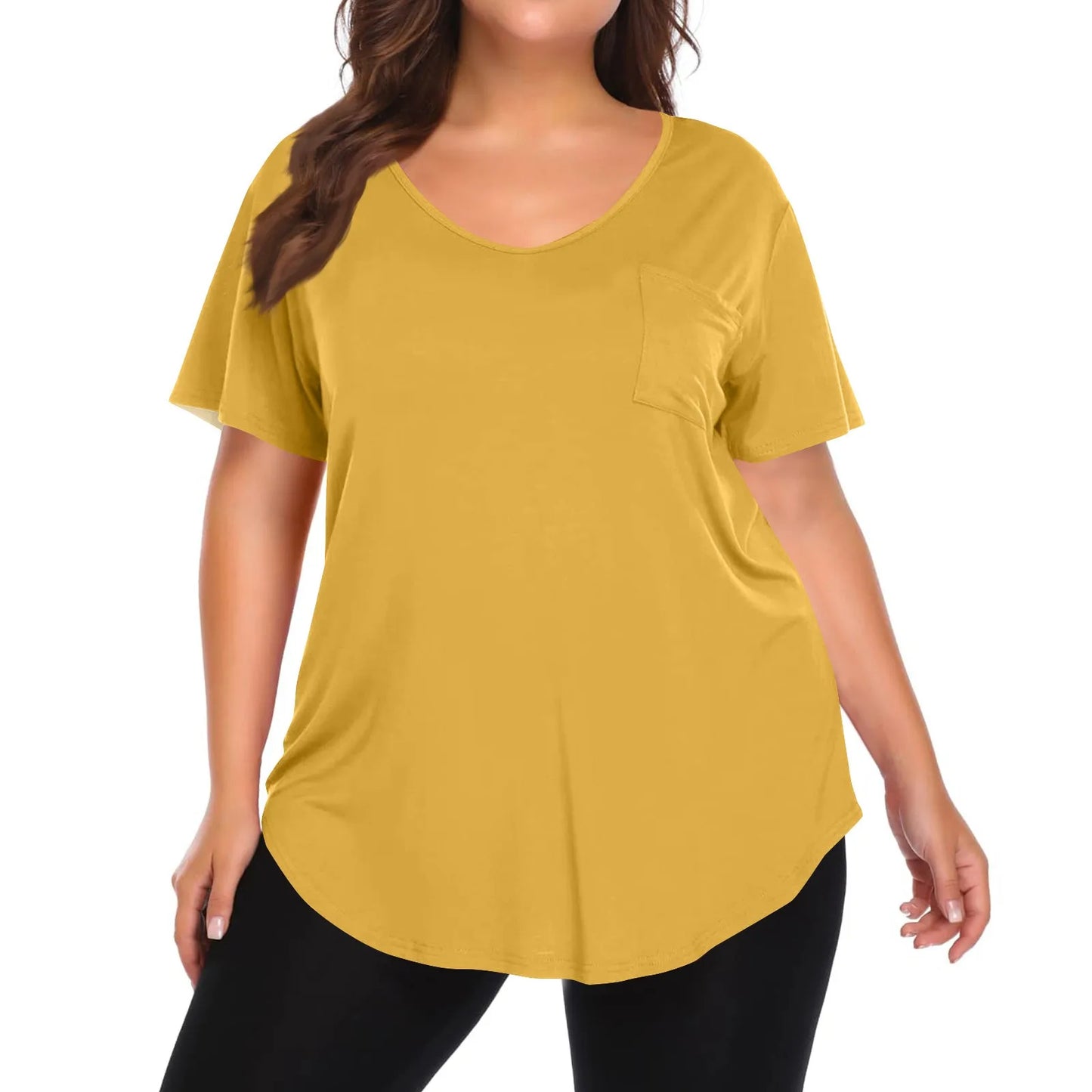 Plus Size Women's Tunic Tops Solid Color Large Size V-neck Loose T-Shirt With Pocket Summer Casual Basic Tee t shirts