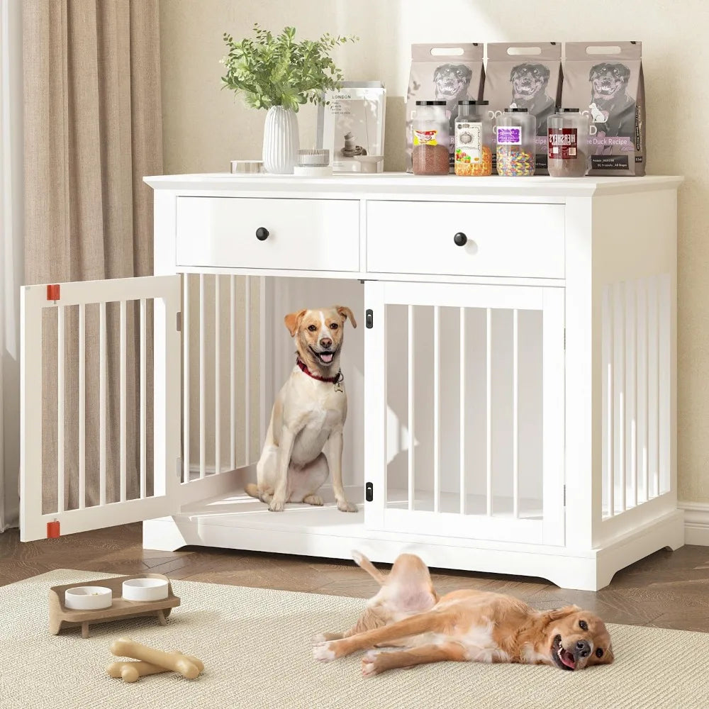 Dog Crate Furniture, 44 Inch Wooden Dog Kennel Indoor with 2 Storage Drawers, Heavy Duty Large Dog Crate Furniture
