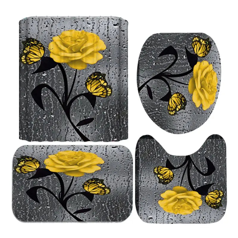 4 Piece Set Doormat Shower Curtain Non Slip Rugs Toilet Seat Cover Bath Carpet Durable Waterproof Bathroom Home Entrance Decor