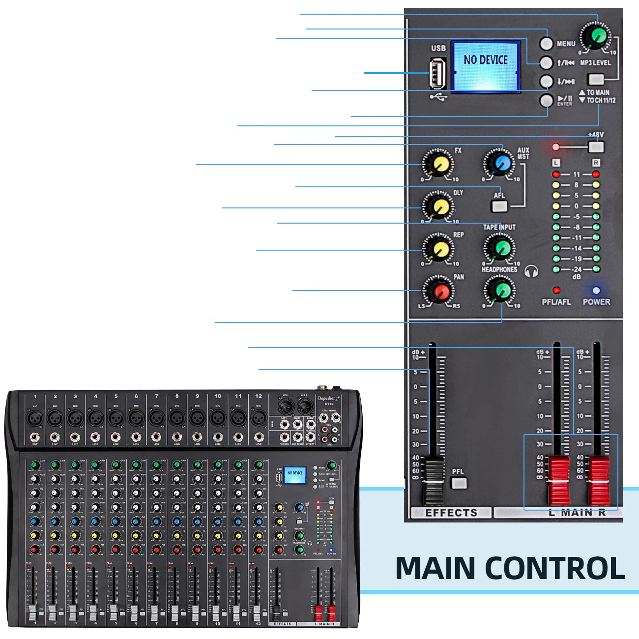 Professional Audio Sound Mixer Depusheng DT12 Channel Bluetooth USB 48V Phantom Mixing Console for PC DJ Amplifier Karaoke