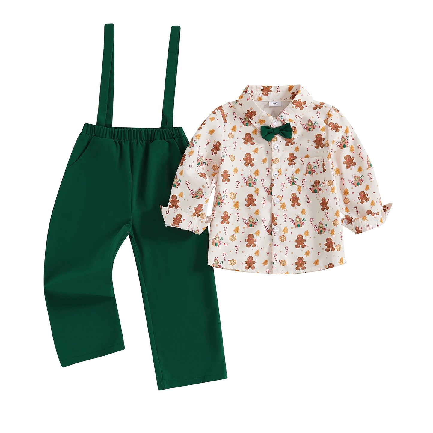 Infant Boys Christmas Outfit Set Gingerbread Print Shirt with Long Sleeves and Solid Color Overalls Pants 2-Piece Clothing