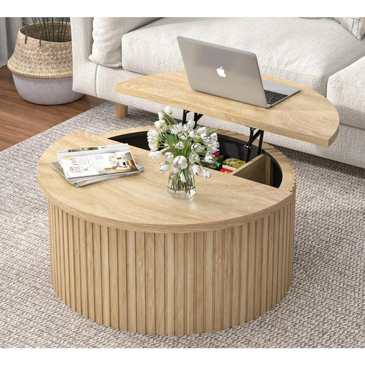 Round Fluted Lift Top Coffee Table with Storage 34.6 Inch Farmhouse Round Coffee Table for Living Room Circle Wood Accent Center
