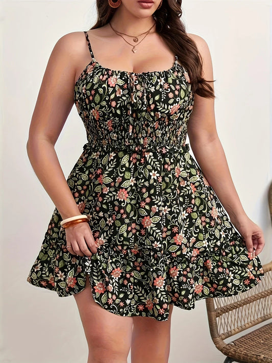 Plus Size Summer Women Elegant Floral Print Dress Vacation Vintage Casual Sleeveless Ruffle Sling Dresses