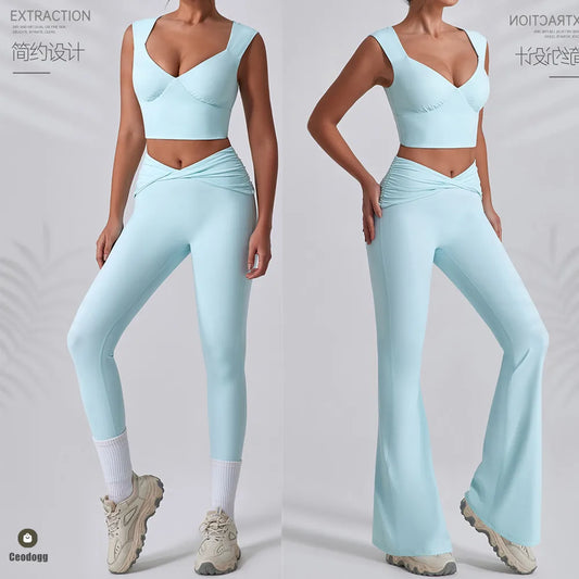 2PCS Women Yoga Set Workout Pant Outfits Fitness Sportswear Gym Tracksuit High Waist Flare Leggings Sports Bra Athletic Wear