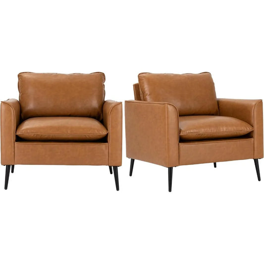 Modern Leather Chair Set of 2, Oversized Armchair for Living Room, Mid-Century Accent Reading Chair for Bedroom Comfy
