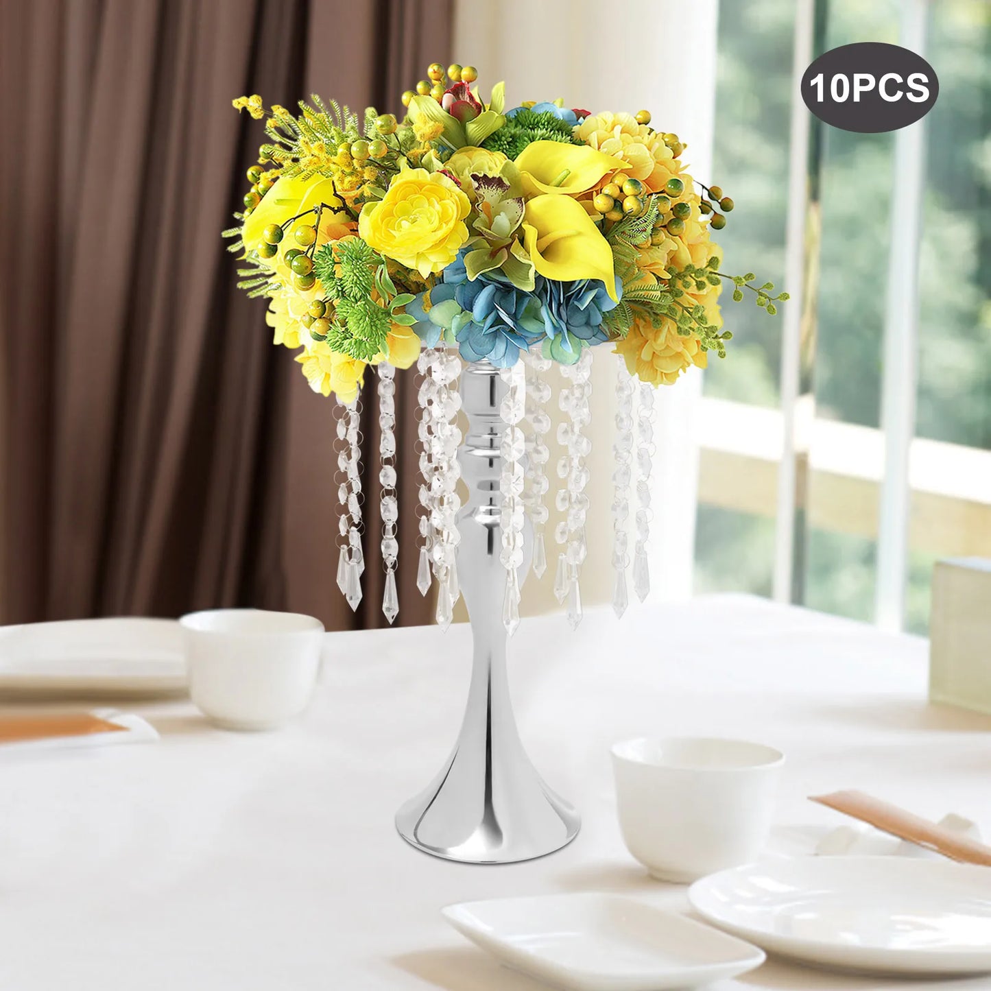 10 PCS Golden/Sliver Crystal Flower Holders Centerpiece Metal Flower Vase with Stable Base for Wedding Party Event Decor