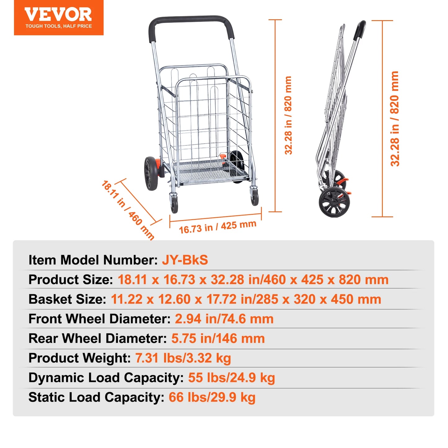 VEVOR Folding Shopping Cart Grocery Utility Trolley with Rolling Swivel Wheels Foldable Laundry Basket for Luggage 66 110 200lbs