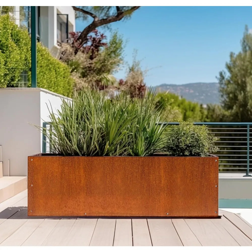 DIY CARTEL Corten Steel Rectangular Outdoor Planter Box, Rustic & Modern Farmhouse Design, Large Raised Metal Garden Bed for Com