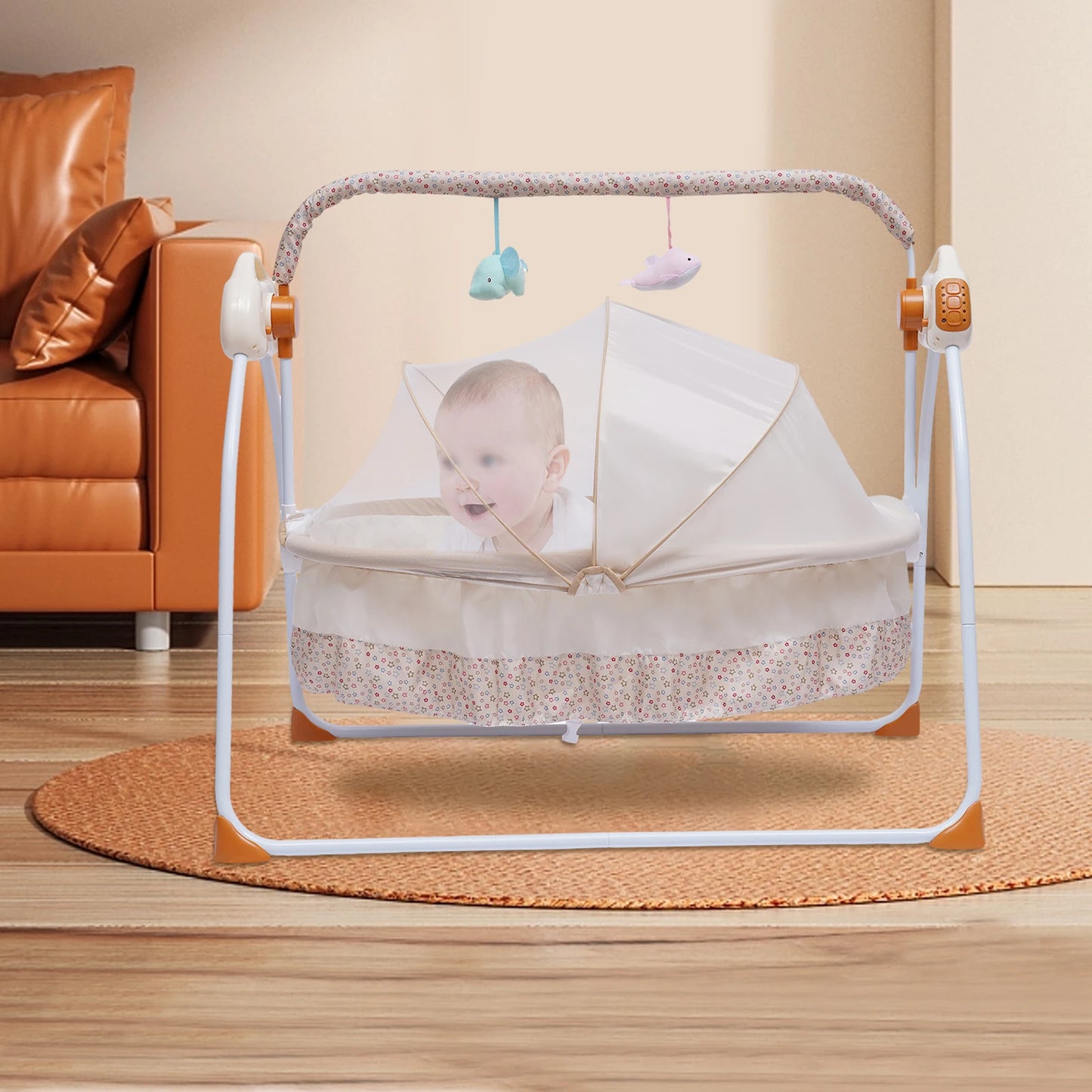 Electric Baby Crib Cradle Bluetooth&USB Foldable Auto-Swing Rocking Bassinet Sleep Bed Infant U-Shaped Pillow/Net/Toy Rack