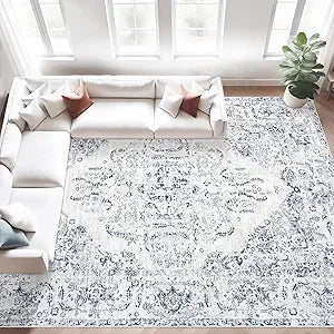 Area Rug 8x10 Vintage Rug: Large Washable Living Room Rug Retro Medallion Distressed Rug Soft Low Pile Non-Slip Rugs Indoor Floo