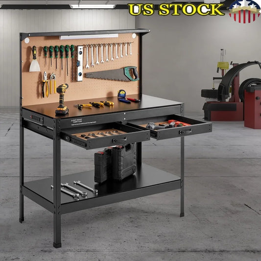 Multifunctional Workbench with Pegboard Power Outlets Heavy Duty A3 Steel Garage Workshop with LED Light Organized Storage