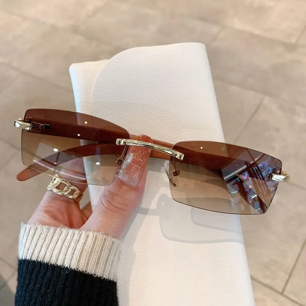 Rimless Sunglasses Men Women Wooden Pattern Luxury Brand Retro Square Sun Glasses Fashion Shades UV400 Travel Outdoor Eyewear