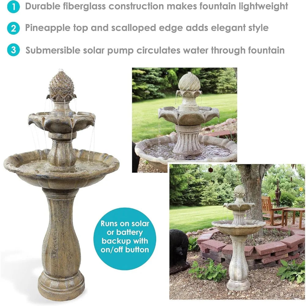 Pineapple 46-Inch 2-Tier Outdoor Solar Fountain - Decorative Water Fountain with Pump for Garden, Patio, Yard or Balcony - Eart