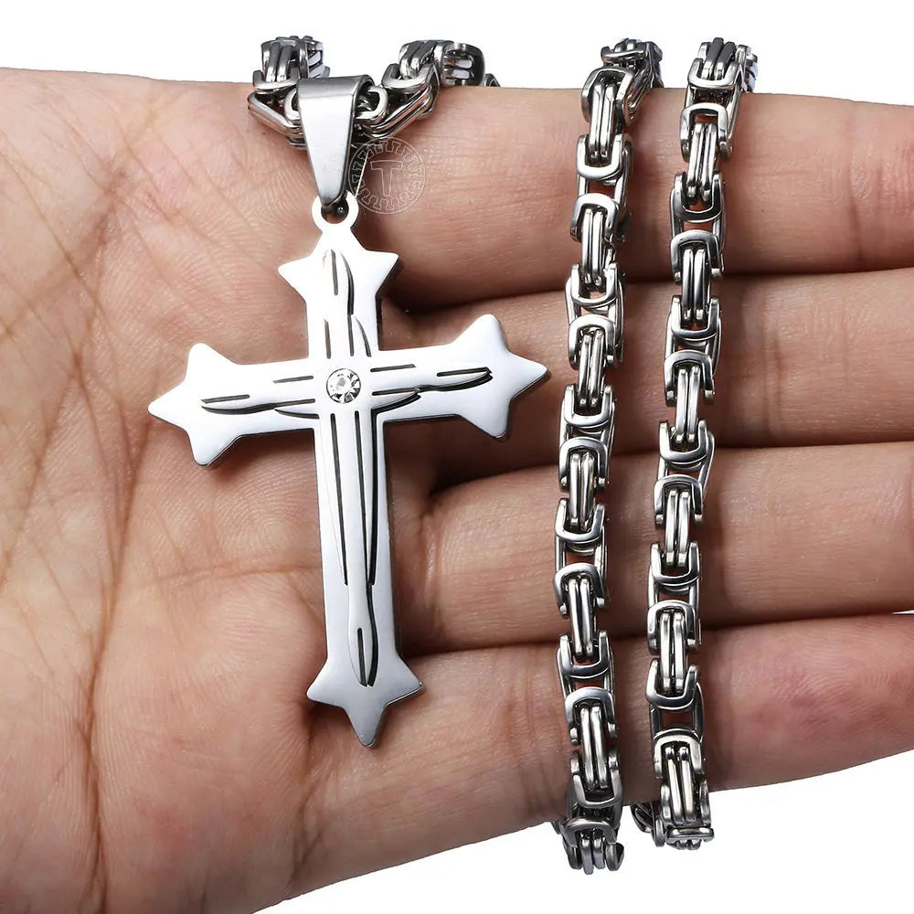 Hermah Mens Boys Gold Black Silver Color Stainless Steel Double Layer Cross Pendant w/ Clear Rhinestone Fashion Jewelry