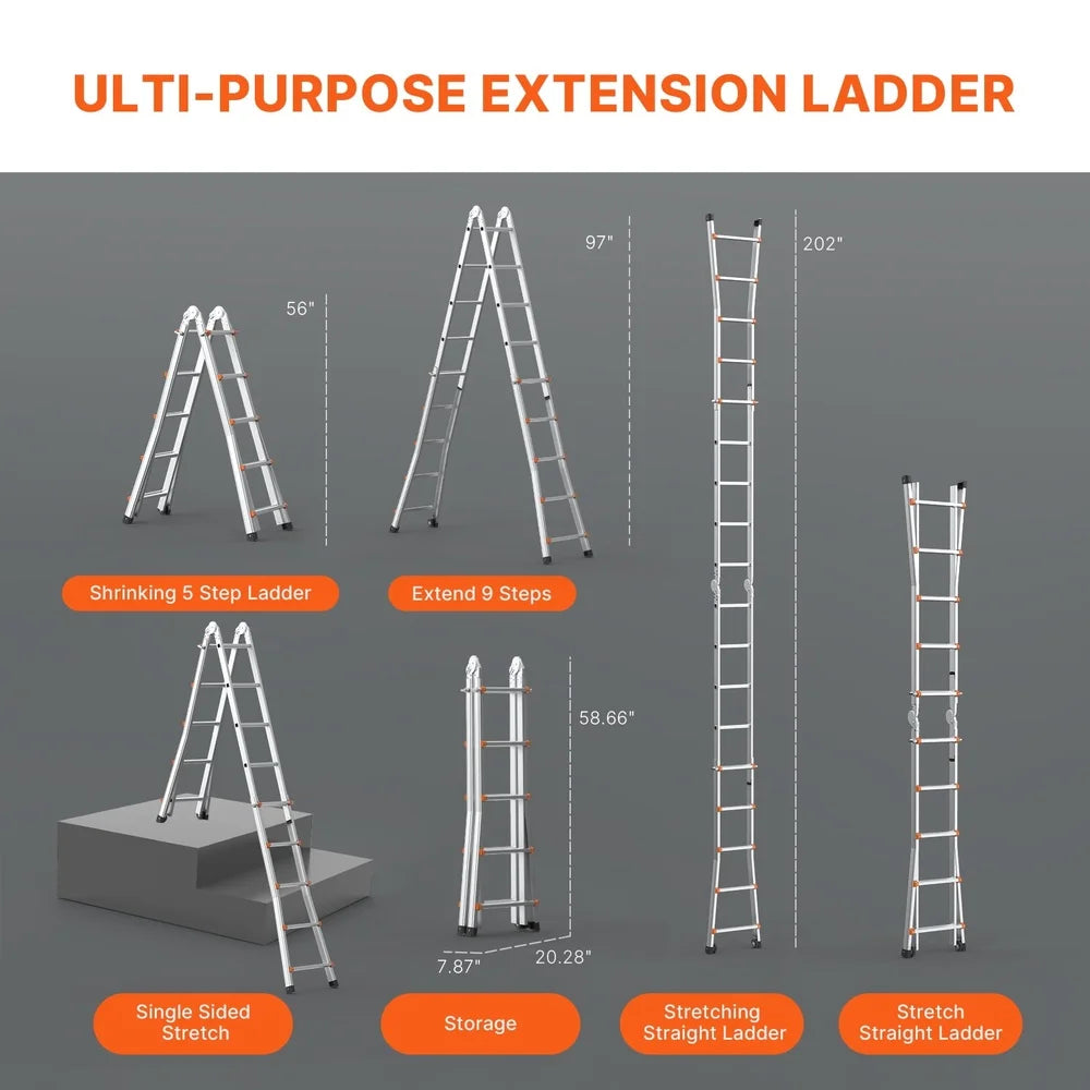 Adjustable A-Frame Ladder 16.7FT Lightweight Aluminum Telescoping Ladder Non-Slip Design Versatile Foldable Home Garden Repairs