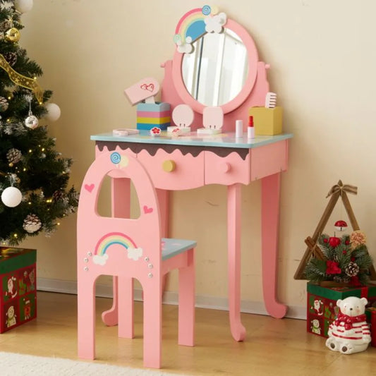 Kids Vanity Table and Chair Set with 7 Pieces Pretend Play Makeup Toys Mirror and Stool for Toddlers Girls Pink