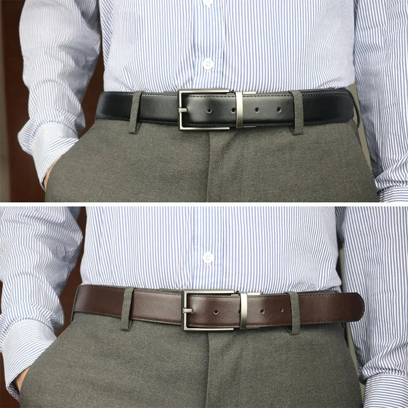 Mens Reversible Leather Dress Belt With Rotating Buckle
