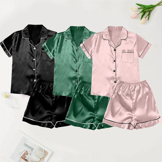 Women Pajamas Ice Silk Multi-Piece Nightgown Summer Set Comfortable Home Wear Black+Green+Peach XXXL